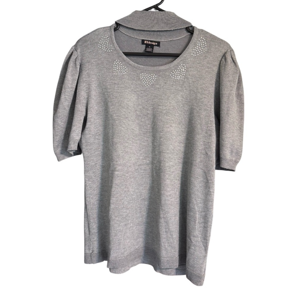 BY Design Gray Embellished Short Sleeve Sweater Top Rhinestone Detail XL